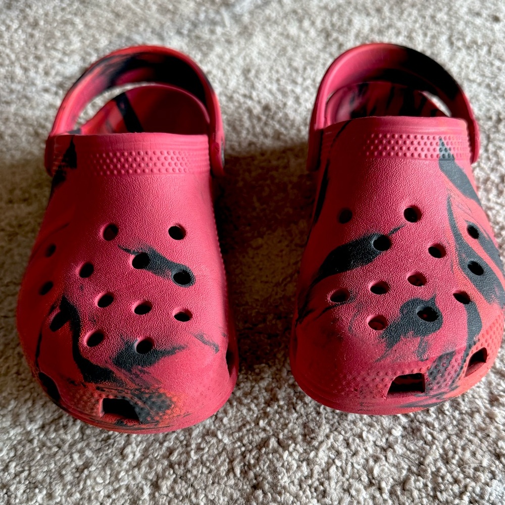 Red and Black Marble Crocs